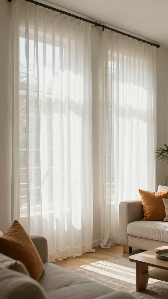 12 Living Room Blind Ideas for Privacy, Light Control, and Style - 5. Sheer Curtains for Soft Elegance 1