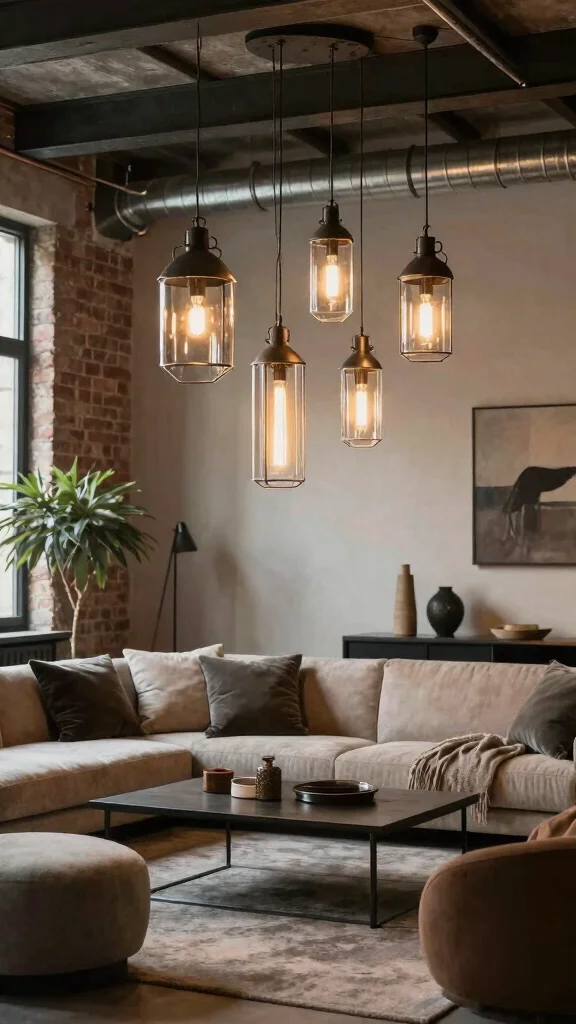 12 Living Room Hanging Light Ideas for a Pendant Chandelier or Arc Look - 12. Industrial Style Hanging Lights 1