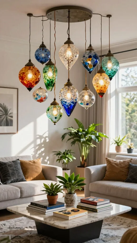 12 Living Room Hanging Light Ideas for a Pendant Chandelier or Arc Look - 3. Eco-Friendly Recycled Glass Pendants 1