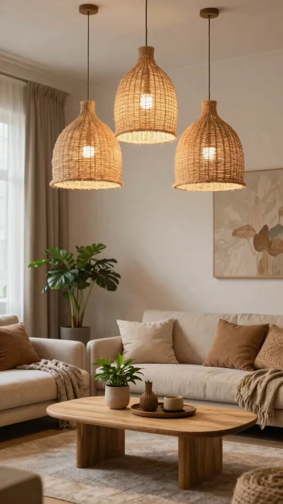 12 Living Room Hanging Light Ideas for a Pendant Chandelier or Arc Look - 7. Hanging Lights with Natural Fiber Shades 1