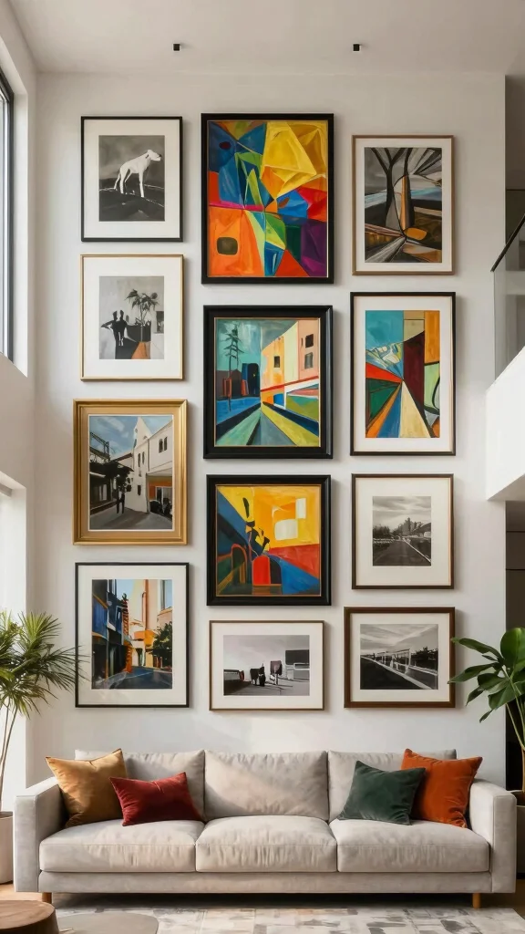 12 Living Room High Ceiling Design Ideas for Grand Dramatic Spaces - 2. Vertical Art Displays 1