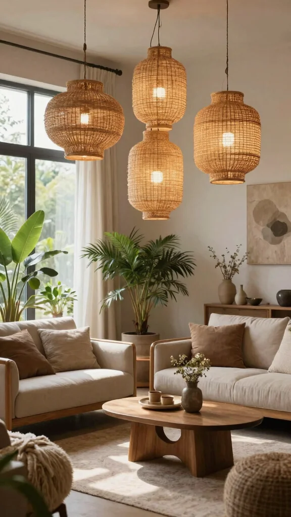 12 Living Room Light Fixture Ideas From Pendants to Chandeliers - 10. Natural Fiber Lanterns 1