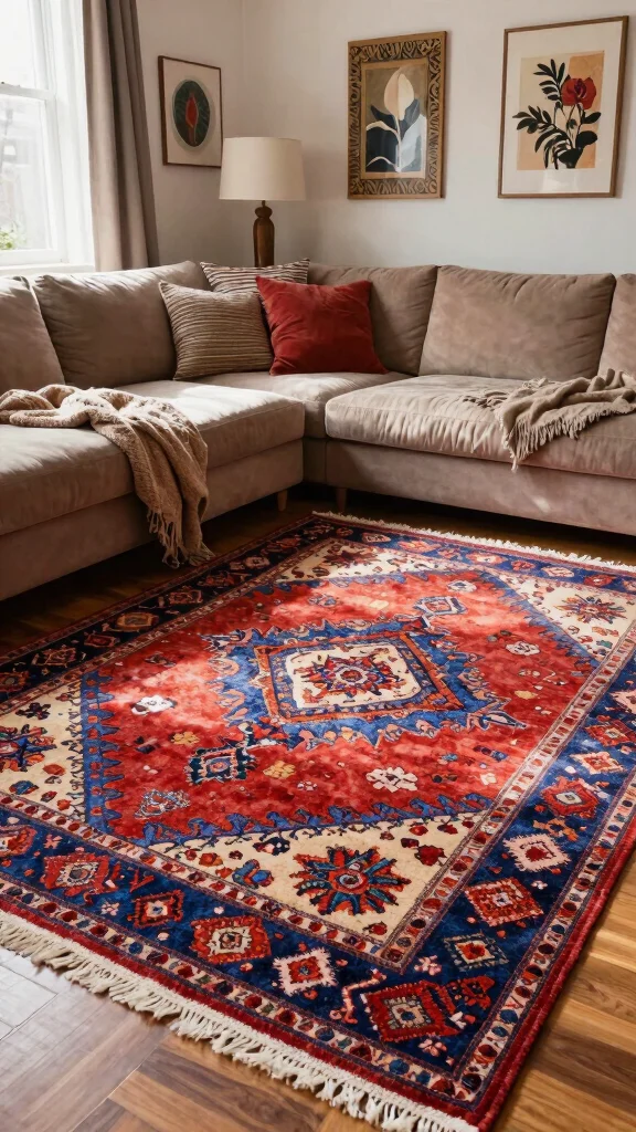 12 Living Room Rug Concepts for Hardwood Floors That Look Beautiful - 10. Artistic Handmade Rugs for Unique Appeal 1
