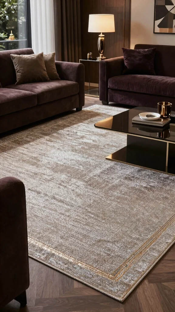12 Living Room Rug Concepts for Hardwood Floors That Look Beautiful - 11. Shimmering Rugs for a Touch of Luxury 1