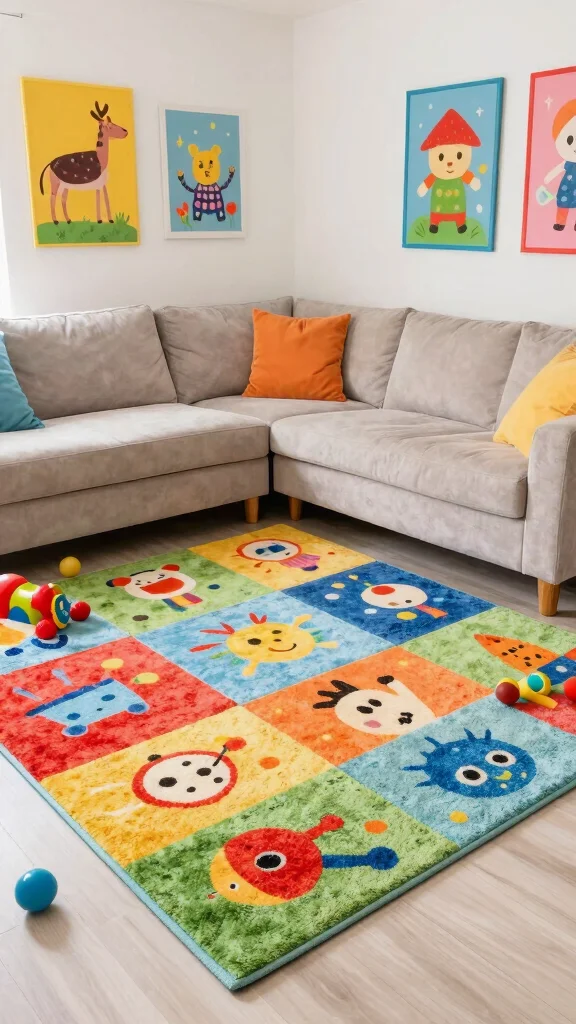 12 Living Room Rug Concepts for Hardwood Floors That Look Beautiful - 12. Colorful Kids' Rugs for Playful Spaces 1