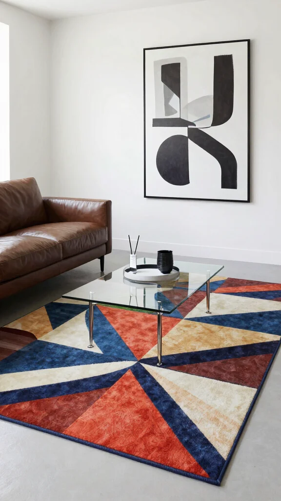 12 Living Room Rug Concepts for Hardwood Floors That Look Beautiful - 2. Bold Geometric Patterns to Make a Statement 1