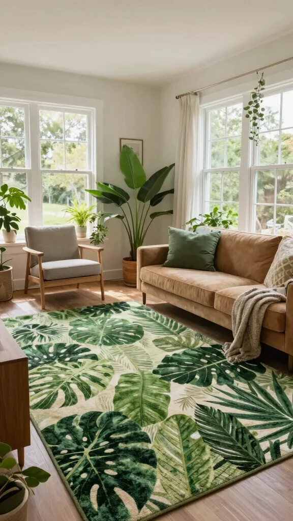 12 Living Room Rug Concepts for Hardwood Floors That Look Beautiful - 5. Outdoor-Inspired Rugs for a Fresh Look 1