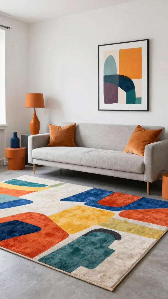 12 Living Room Rug Concepts for Hardwood Floors That Look Beautiful - 6. Bold Abstract Designs for a Modern Touch 1