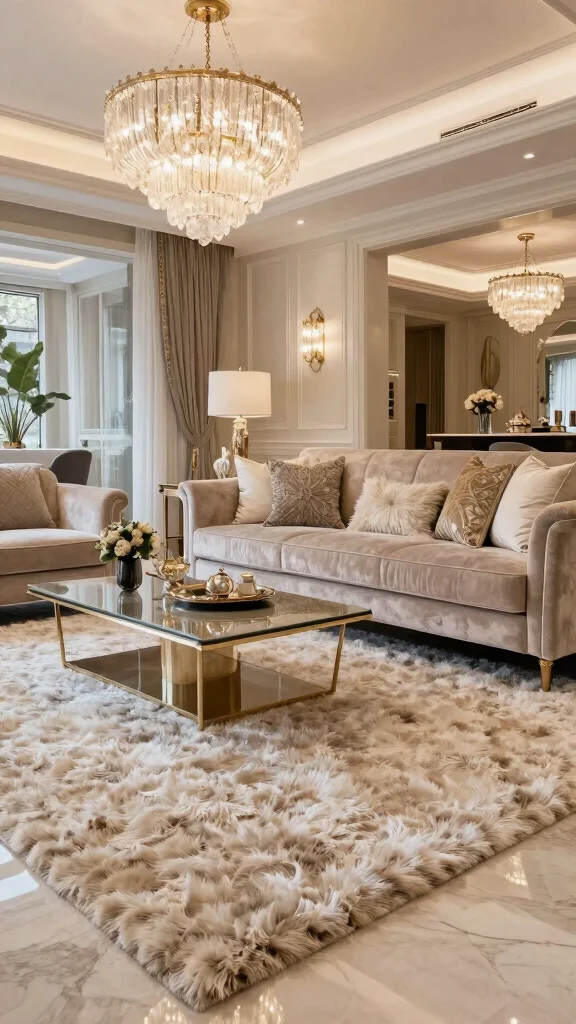 12 Living Room Rug Concepts for Hardwood Floors That Look Beautiful - 7. Luxurious Shag Rugs for a Touch of Glamour 1