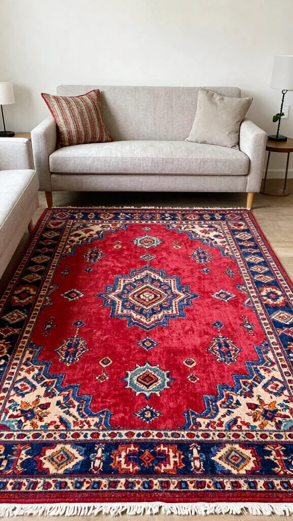 12 Living Room Rug Placement Ideas for Every Sofa and Coffee Table Layout - 11. Going Bold with Large Patterns 1