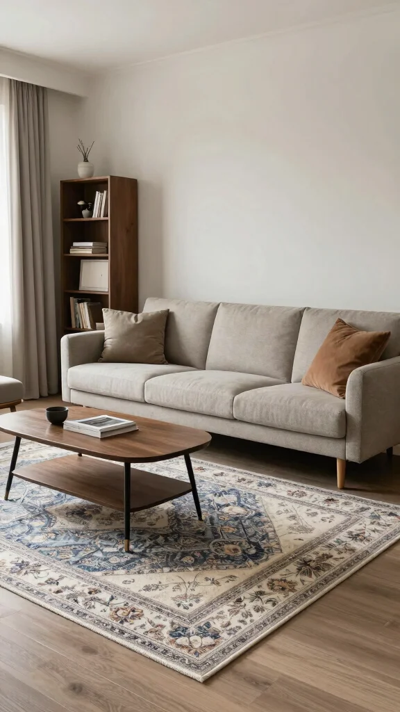 12 Living Room Rug Placement Ideas for Every Sofa and Coffee Table Layout - 8. Transitional Rugs for Timeless Appeal 1