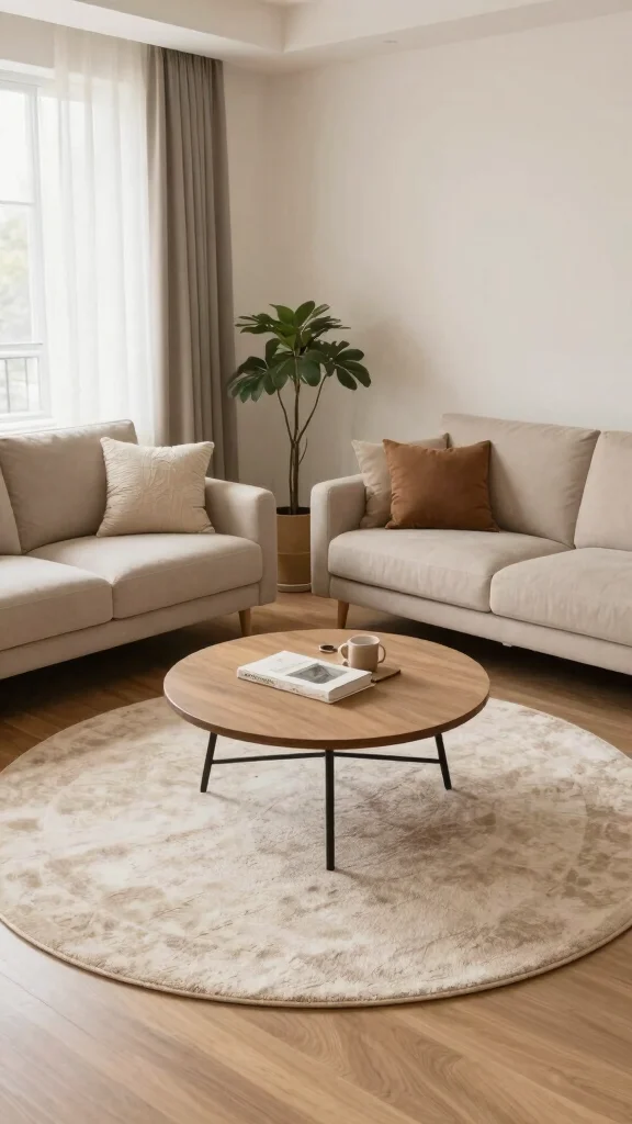 12 Living Room Rug Placement Ideas for Every Sofa and Coffee Table Layout - 9. Round Rugs for Softening Angles 1