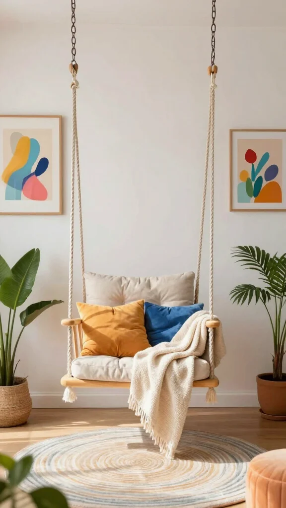 12 Living Room Seating Ideas for Flexible Comfortable Stylish Layouts - 10. Trendy Swing Chairs for Fun Vibes 1