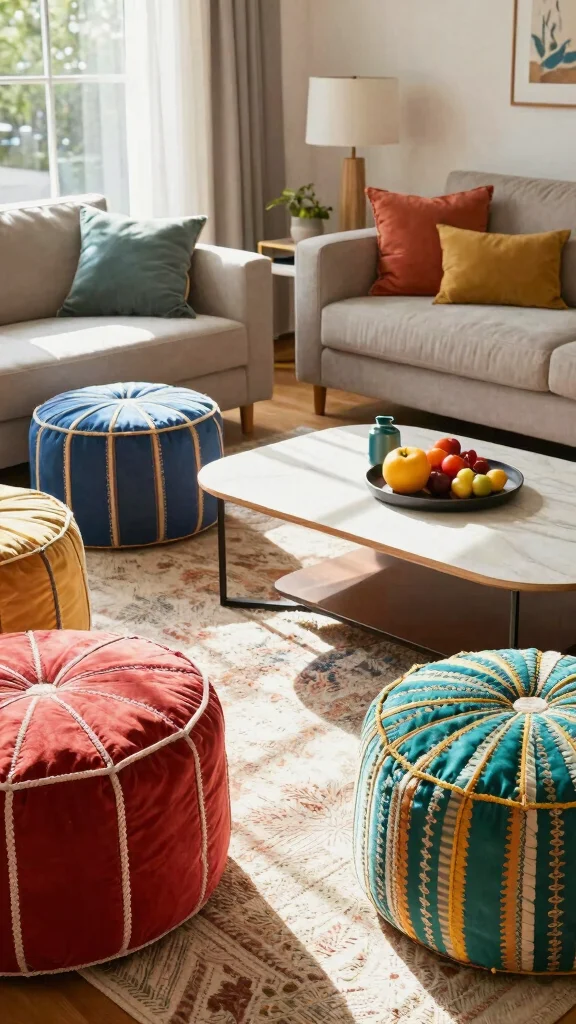 12 Living Room Seating Ideas for Flexible Comfortable Stylish Layouts - 7. Multi-functional Poufs for Versatility 1