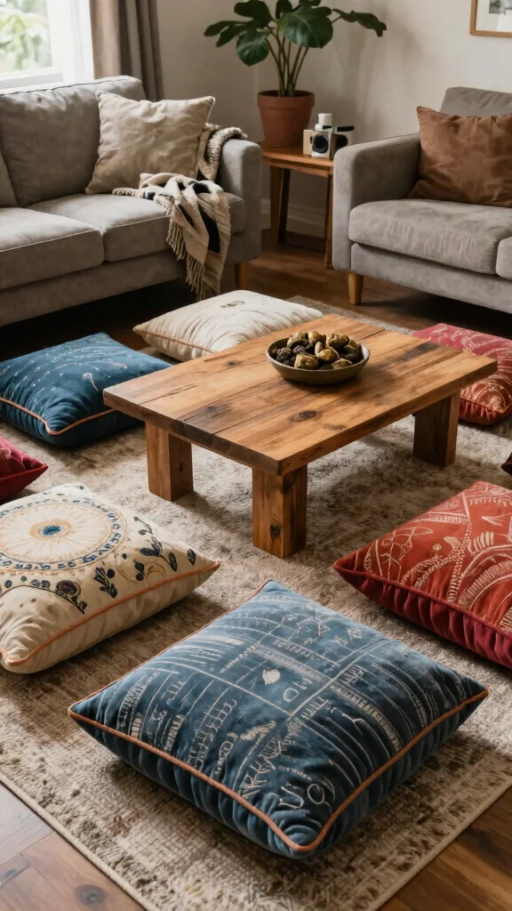 12 Living Room Seating Ideas for Flexible Comfortable Stylish Layouts - 8. Stylish Floor Cushions for Informal Seating 1