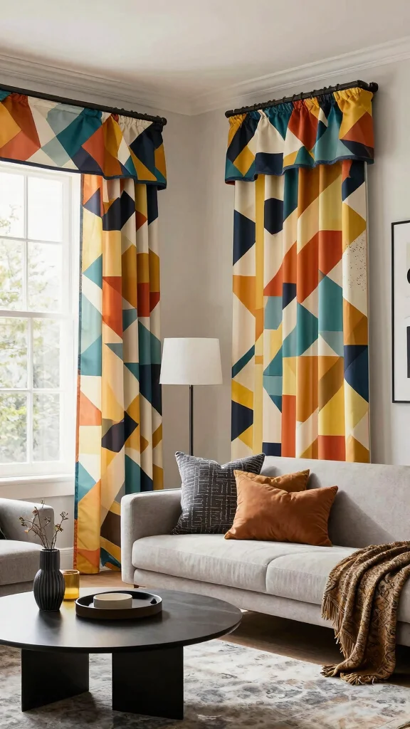 12 Living Room Valance Ideas for a Softened Finished Window Treatment - 7. Geometric Print Valances 1