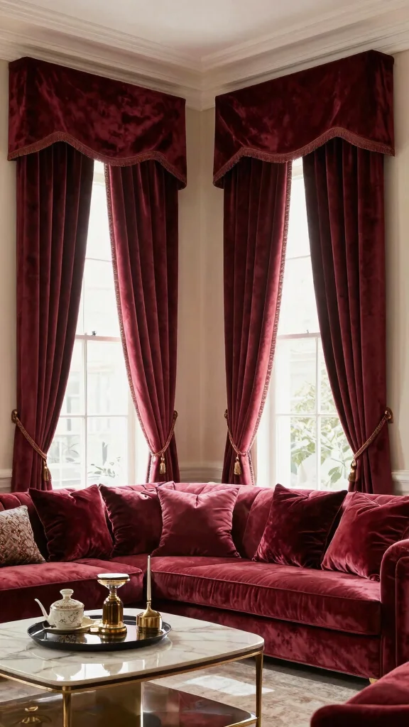 12 Living Room Valance Ideas for a Softened Finished Window Treatment - 8. Velvet Valances 1