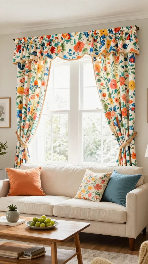 12 Living Room Valance Ideas for a Softened Finished Window Treatment - 9. Floral Print Valances 1