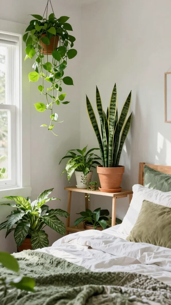 12 Queen Bed Small Bedroom Ideas for a Comfortable Stylish Layout - 12. Plants for Freshness and Style 1