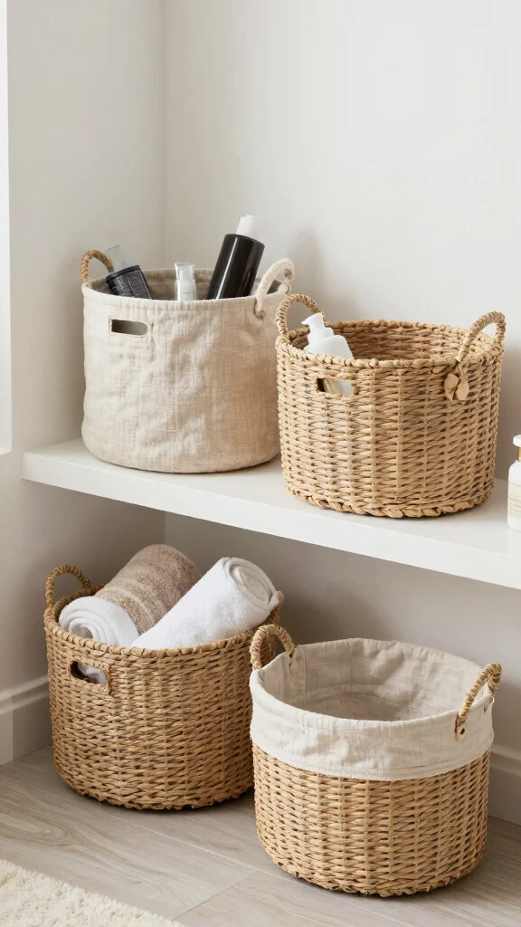 12 Rental Bathroom Ideas for a Stylish No-Drill Makeover - 4. Decorative Storage Baskets 1