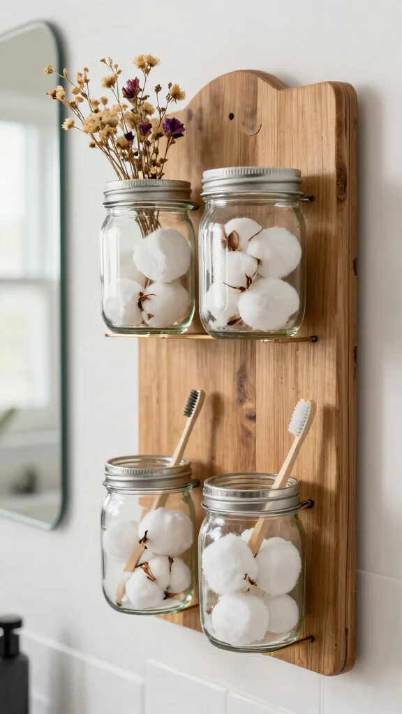 12 Renter-Friendly Bathroom Ideas With No Damage Required - 10. DIY Mason Jar Organizers 1