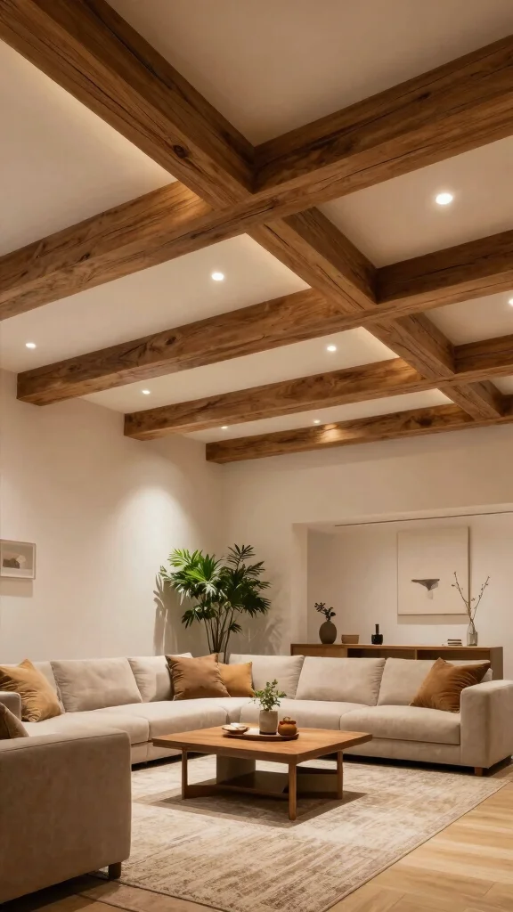 13 Living Room Ceiling Lighting Ideas for Ambient Task and Accent Layers - 1. Natural Wood Beams with Recessed Lighting 1