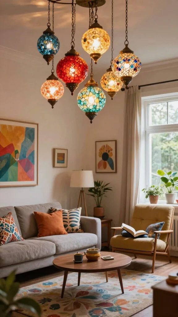 13 Living Room Ceiling Lighting Ideas for Ambient Task and Accent Layers - 8. Colorful Glass Lanterns for Soft Lighting 1