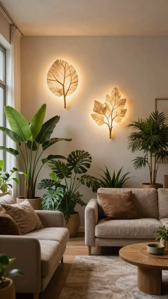 13 Living Room Ceiling Lighting Ideas for Ambient Task and Accent Layers - 9. Biophilic Lighting with Nature-Inspired Design 1
