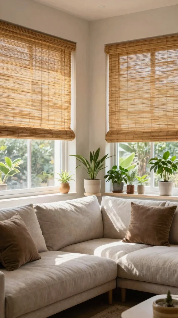 13 Living Room Curtain Ideas for Length Fabric and Every Window Style - 1. Bamboo Blinds for Natural Aesthetic 1
