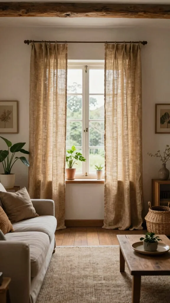 13 Living Room Curtain Ideas for Length Fabric and Every Window Style - 12. Sustainable Jute Curtains for Natural Texture 1