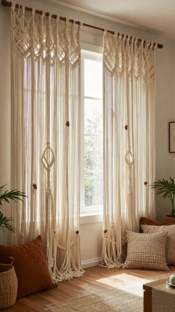 13 Living Room Curtain Ideas for Length Fabric and Every Window Style - 5. Macrame-Style Curtains for Boho Flair 1