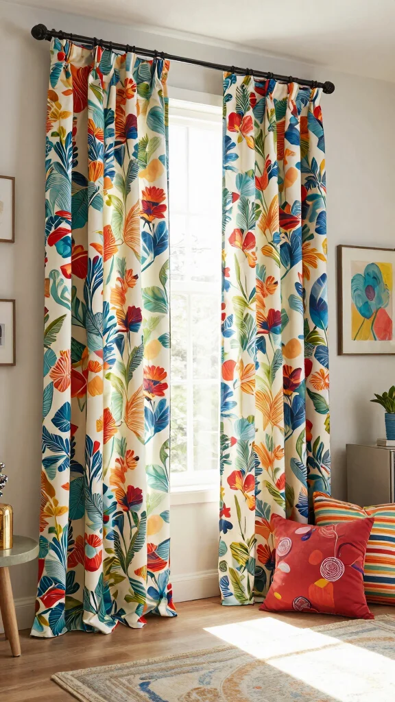 13 Living Room Curtain Ideas for Length Fabric and Every Window Style - 8. Printed Fabric Curtains for Personality 1